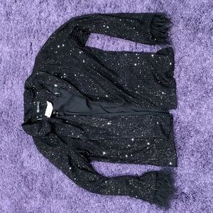 NWT NICOLE MILLER Charlotte All Over Sequin Feather Trim Jacket